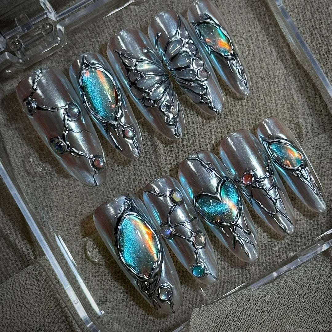 Siva Nail, Butterfly Trace, Metallic Gem Art, Handmade Press on Nails