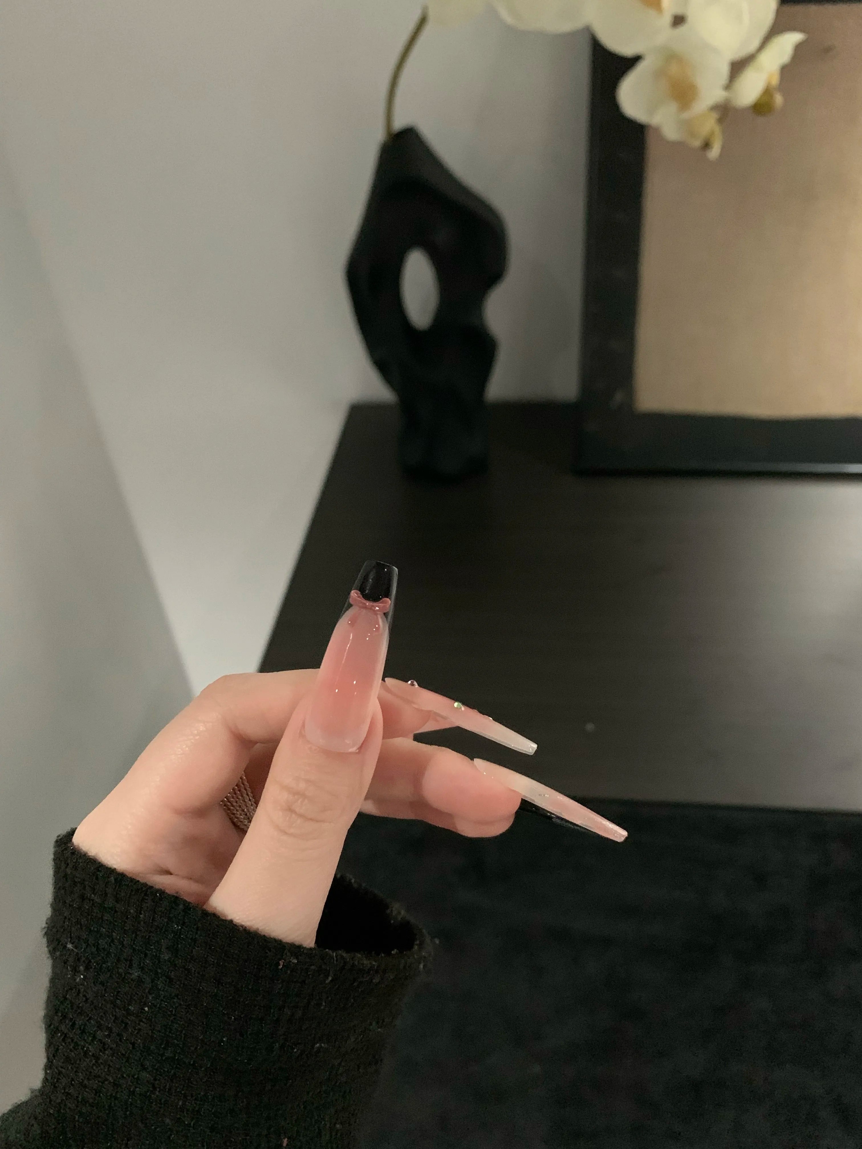 Siva Nail, Blush & Black with Dainty Accents Handmade Press - on Nails