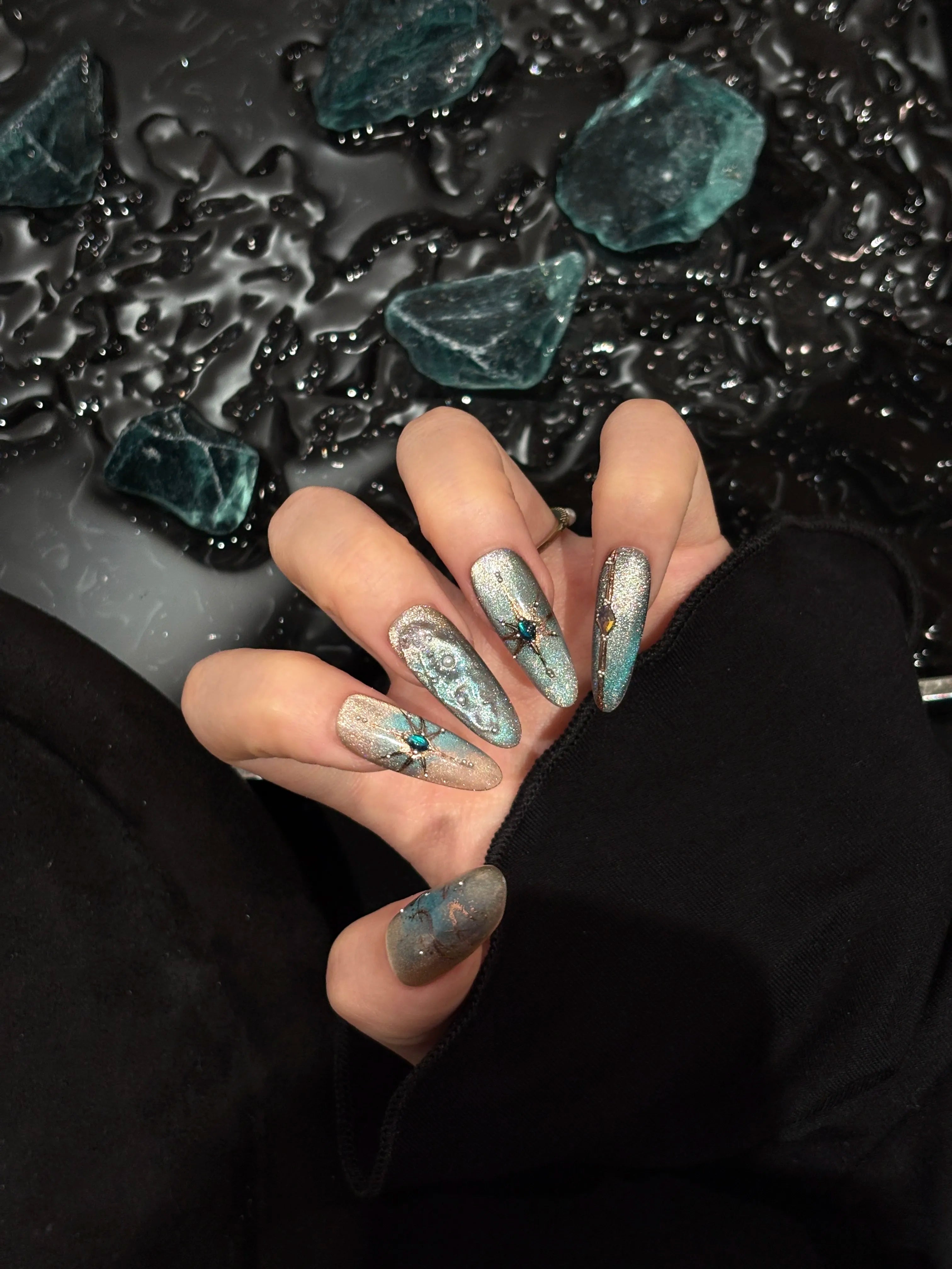 Siva Nail, Crystal Nebula, Holographic Teal Handmade Press on Nails
