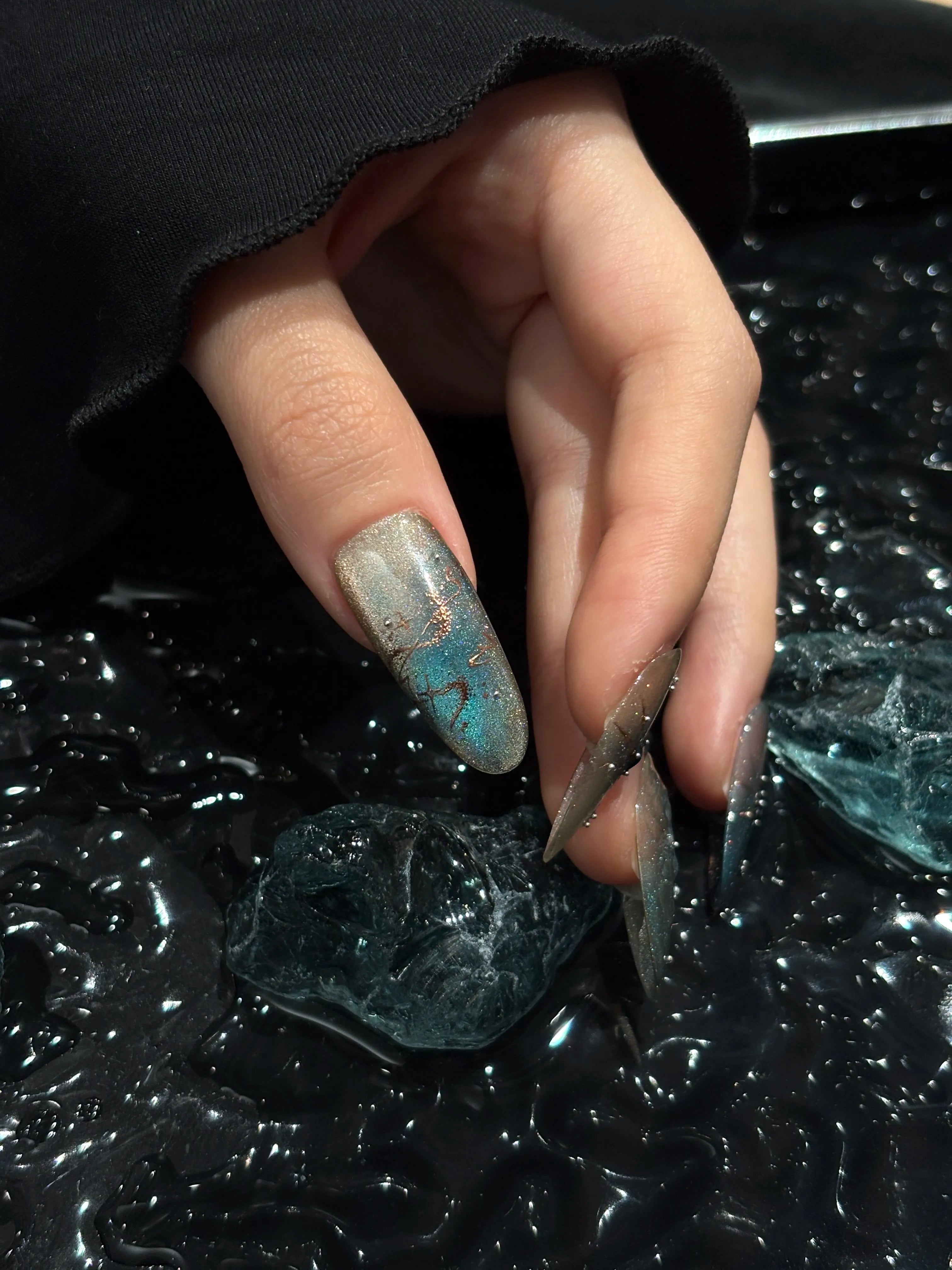 Siva Nail, Crystal Nebula, Holographic Teal Handmade Press on Nails