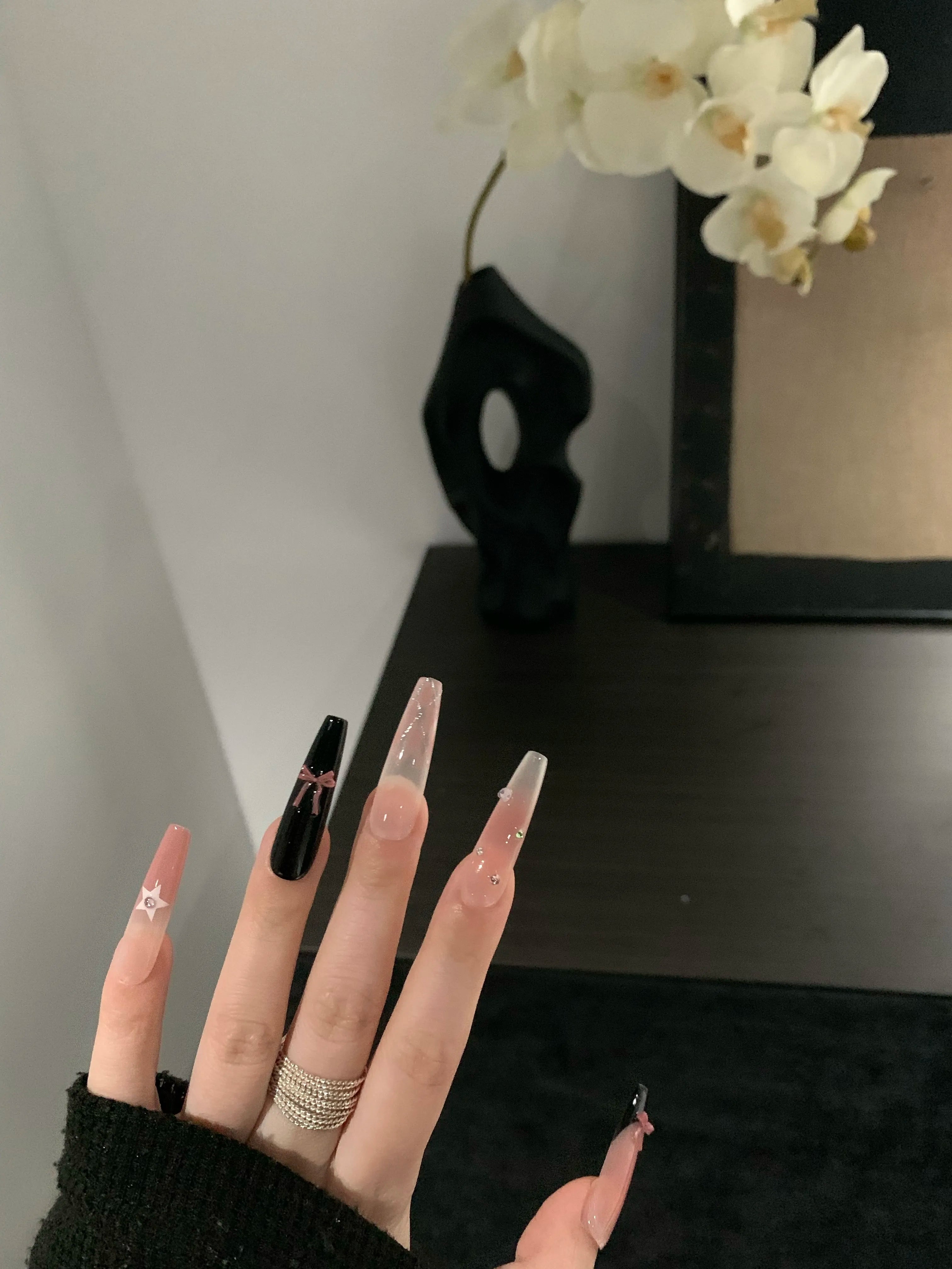 Siva Nail, Blush & Black with Dainty Accents Handmade Press - on Nails