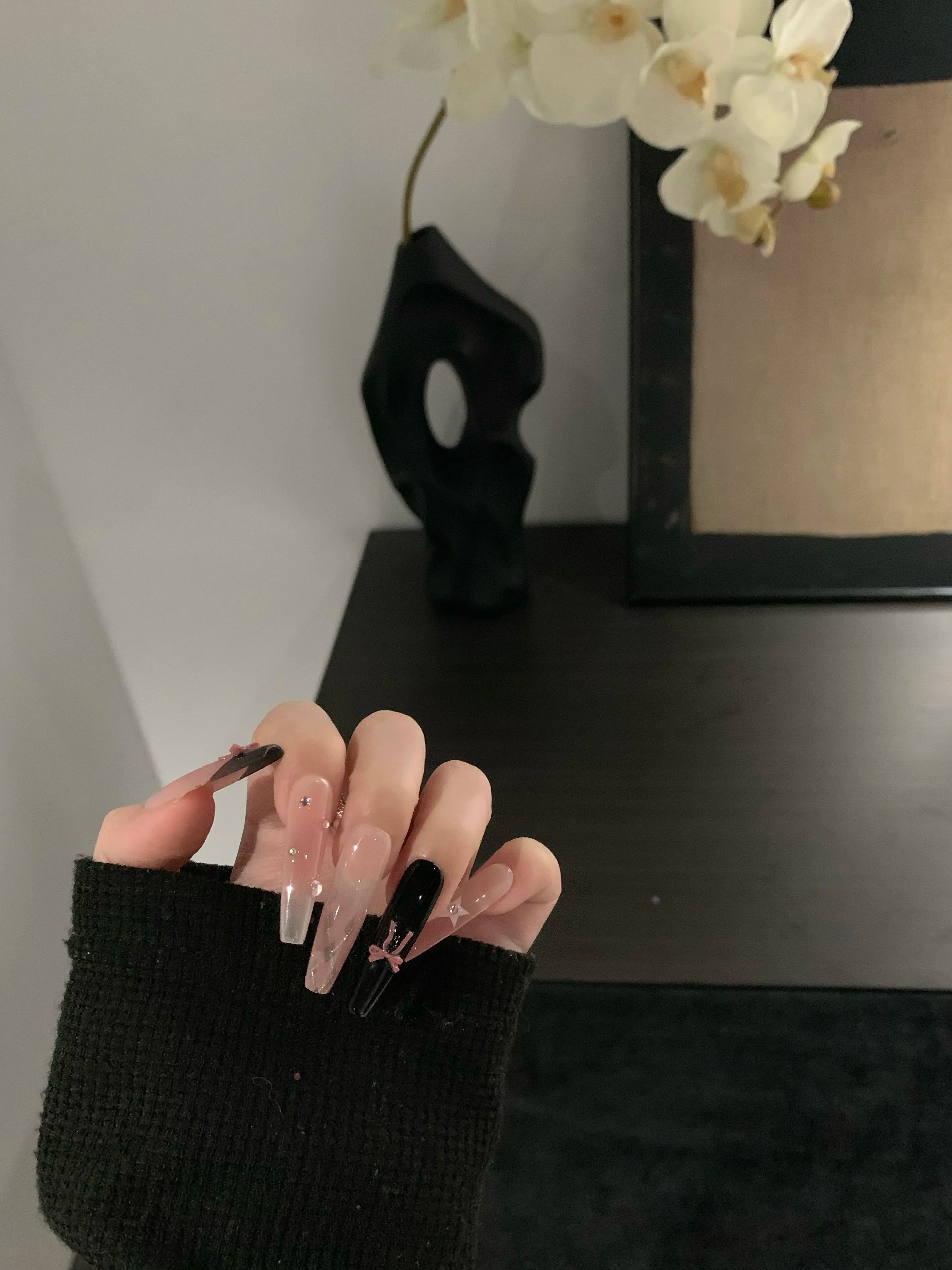Siva Nail, Blush & Black with Dainty Accents Handmade Press - on Nails