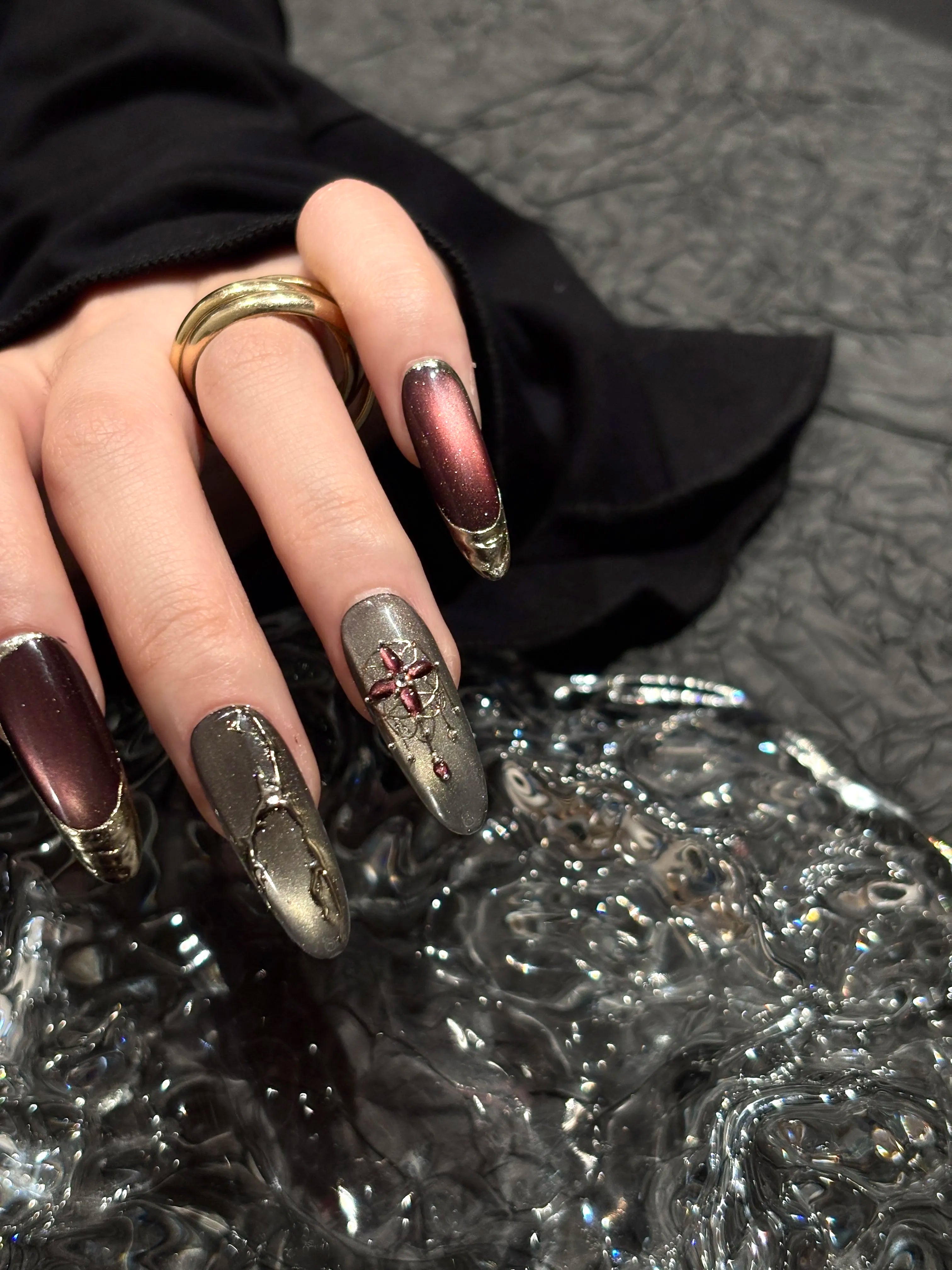 Siva Nail, Ember Stone, Red Chrome & Grey Handmade Press on Nails