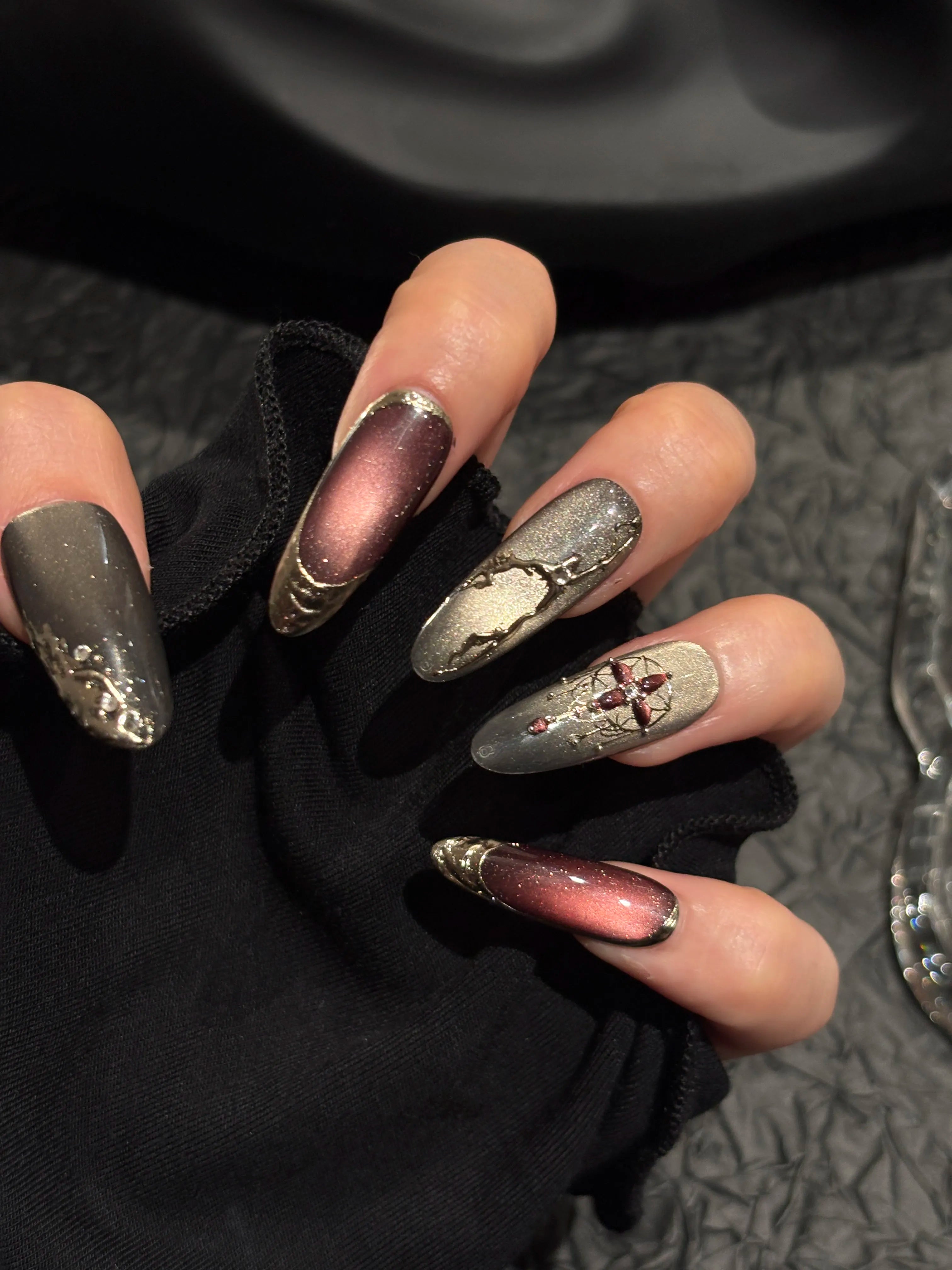 Siva Nail, Ember Stone, Red Chrome & Grey Handmade Press on Nails