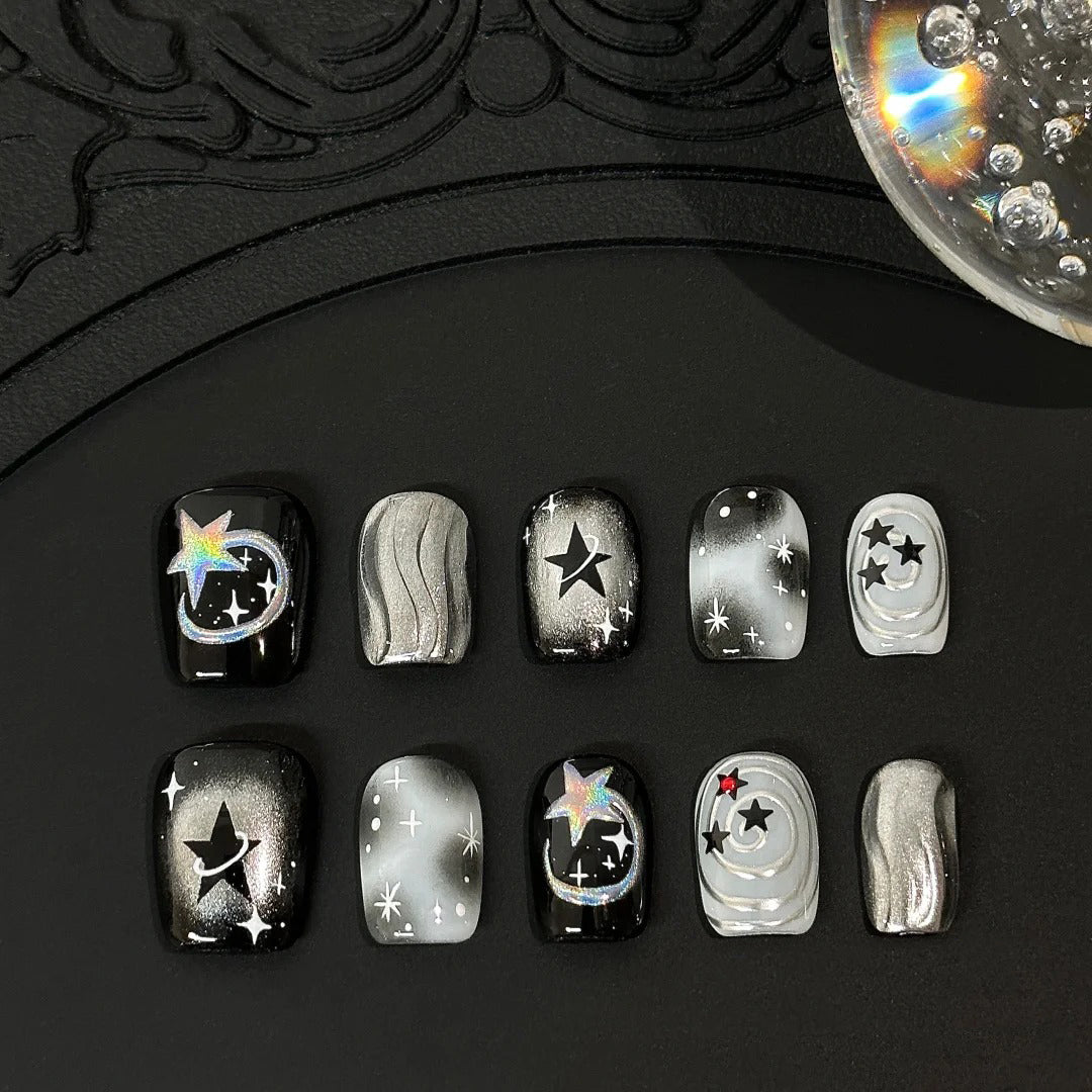 Siva Nail, Cosmic Bloom, Holographic Starry Night Handmade Press on Nails