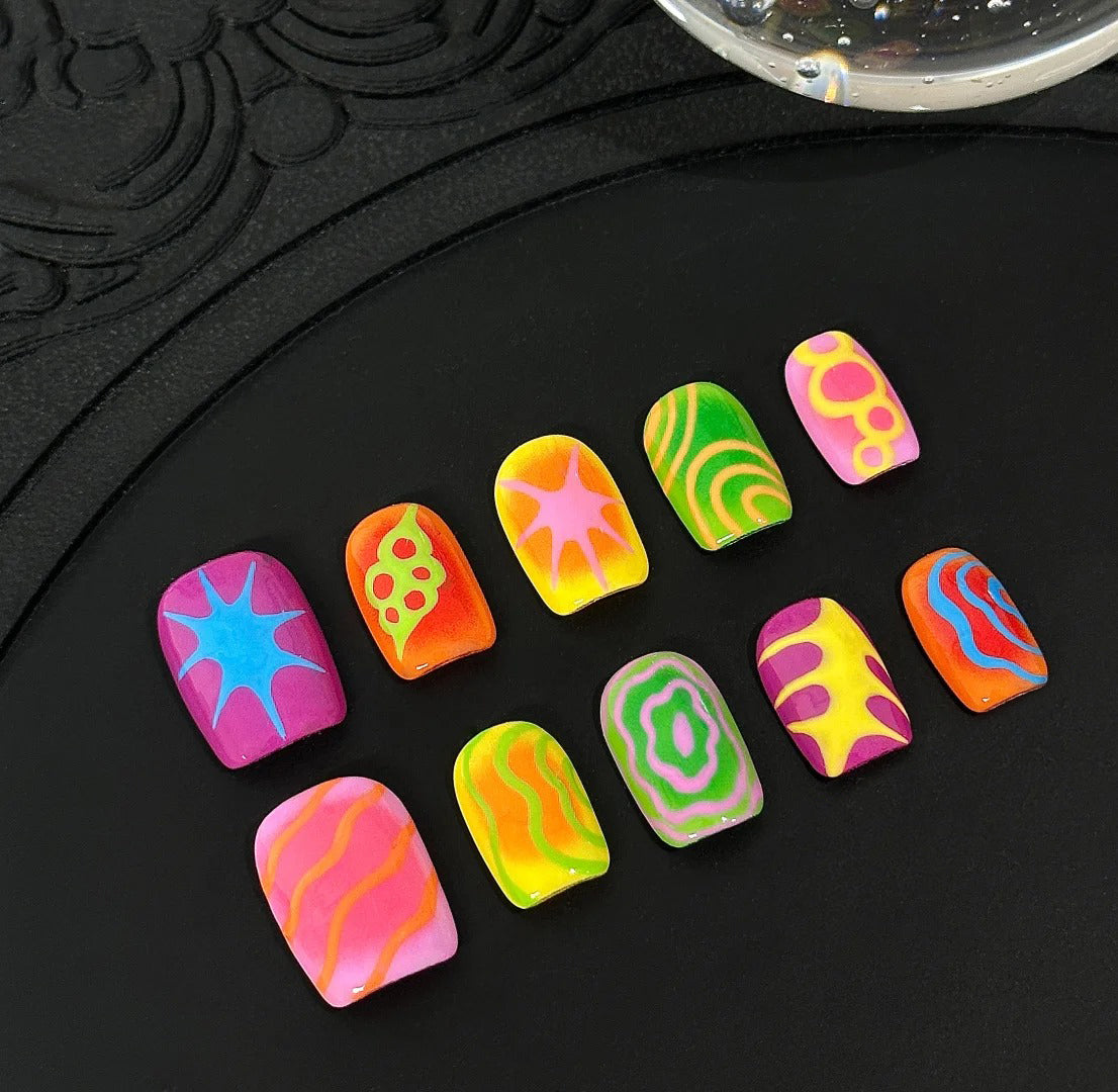 Siva Nail, Neon Pop, Psychedelic Swirl Handmade Press on Nails