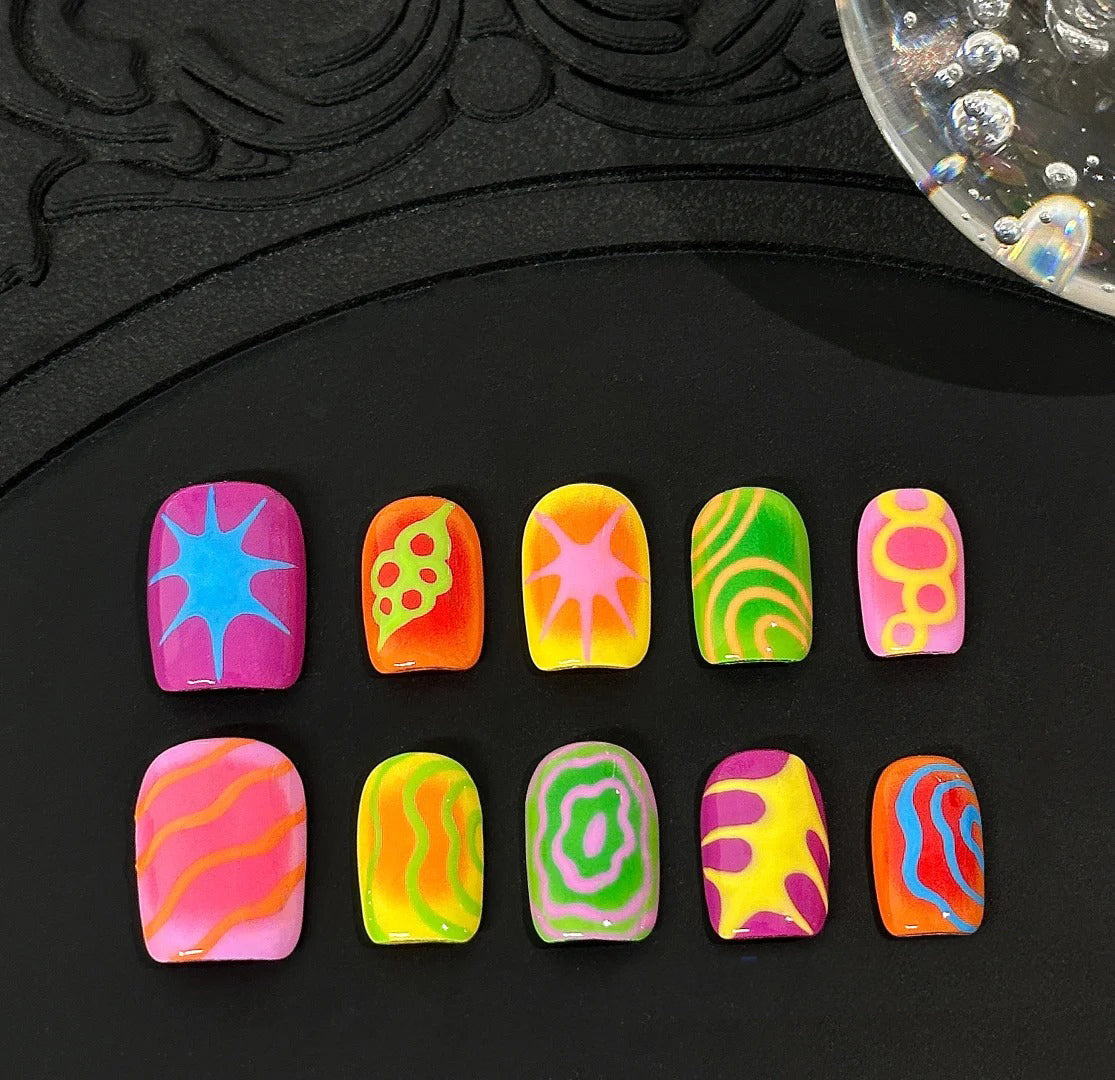 Siva Nail, Neon Pop, Psychedelic Swirl Handmade Press on Nails