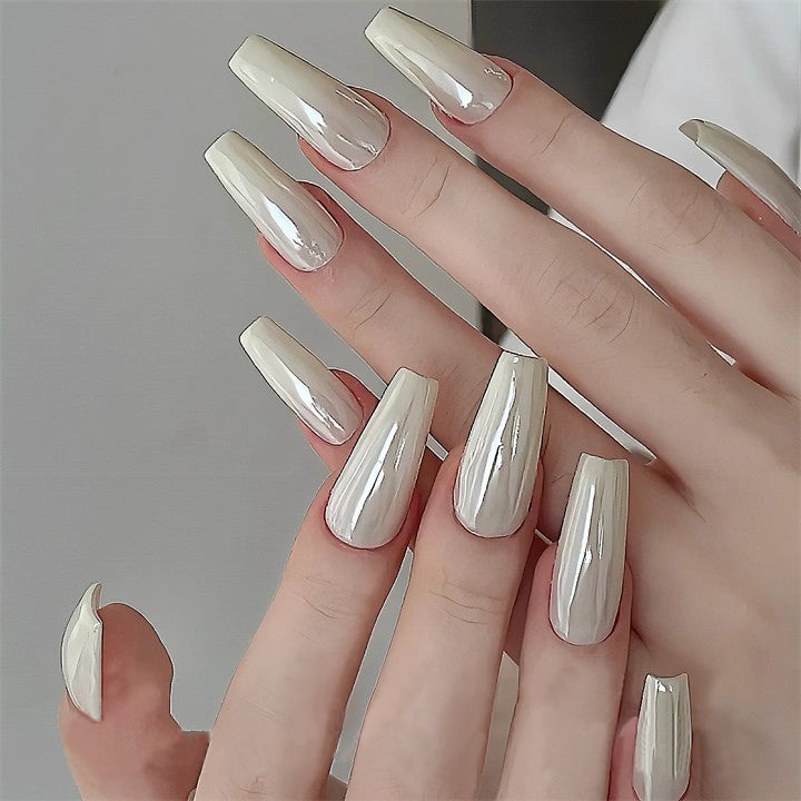 Siva Nail, Mirror Pearl, Champagne Chrome Handmade Press on Nails