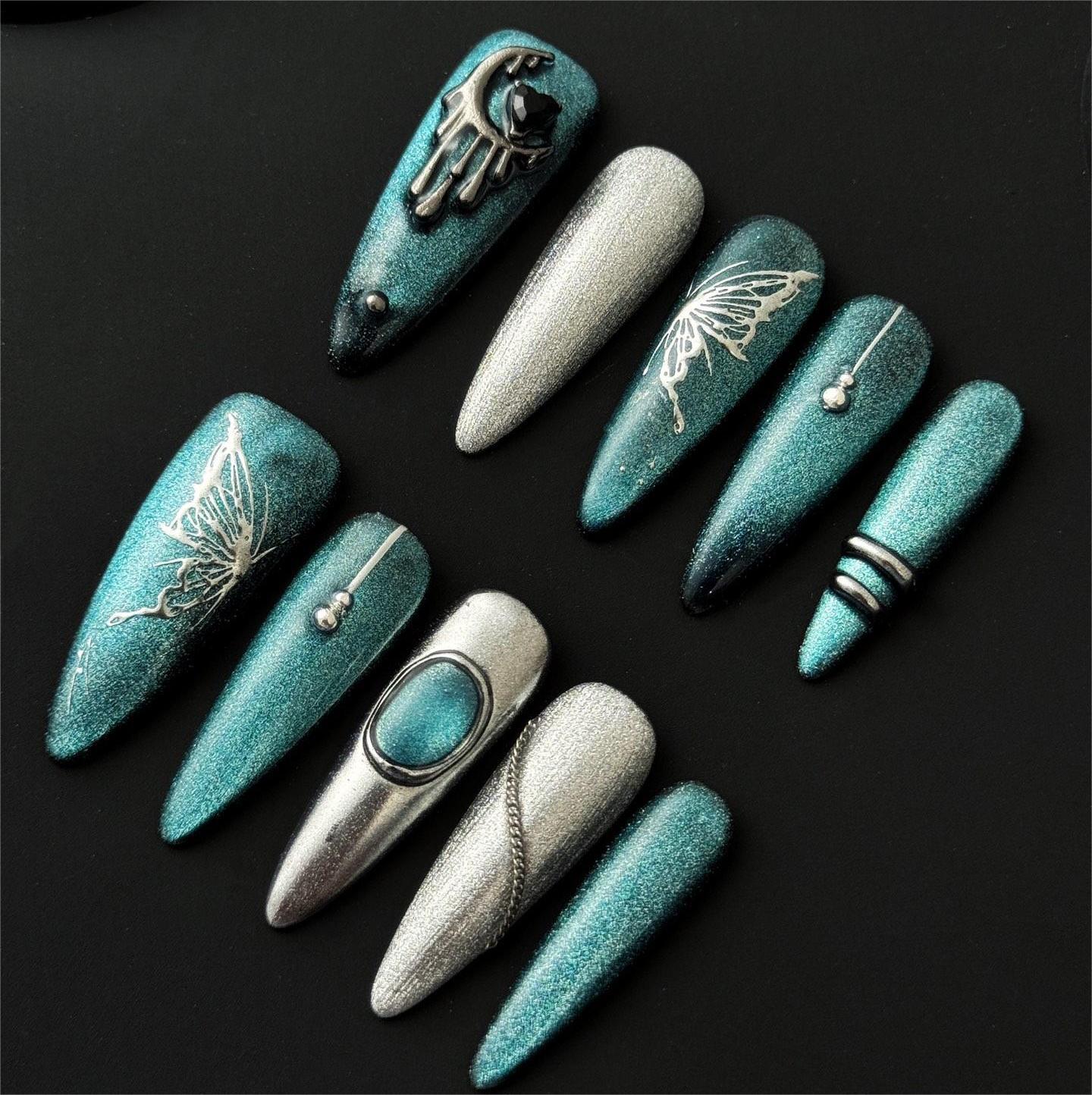 Siva Nail, Galaxy Glow, Metallic Butterfly, Handmade Press on Nails