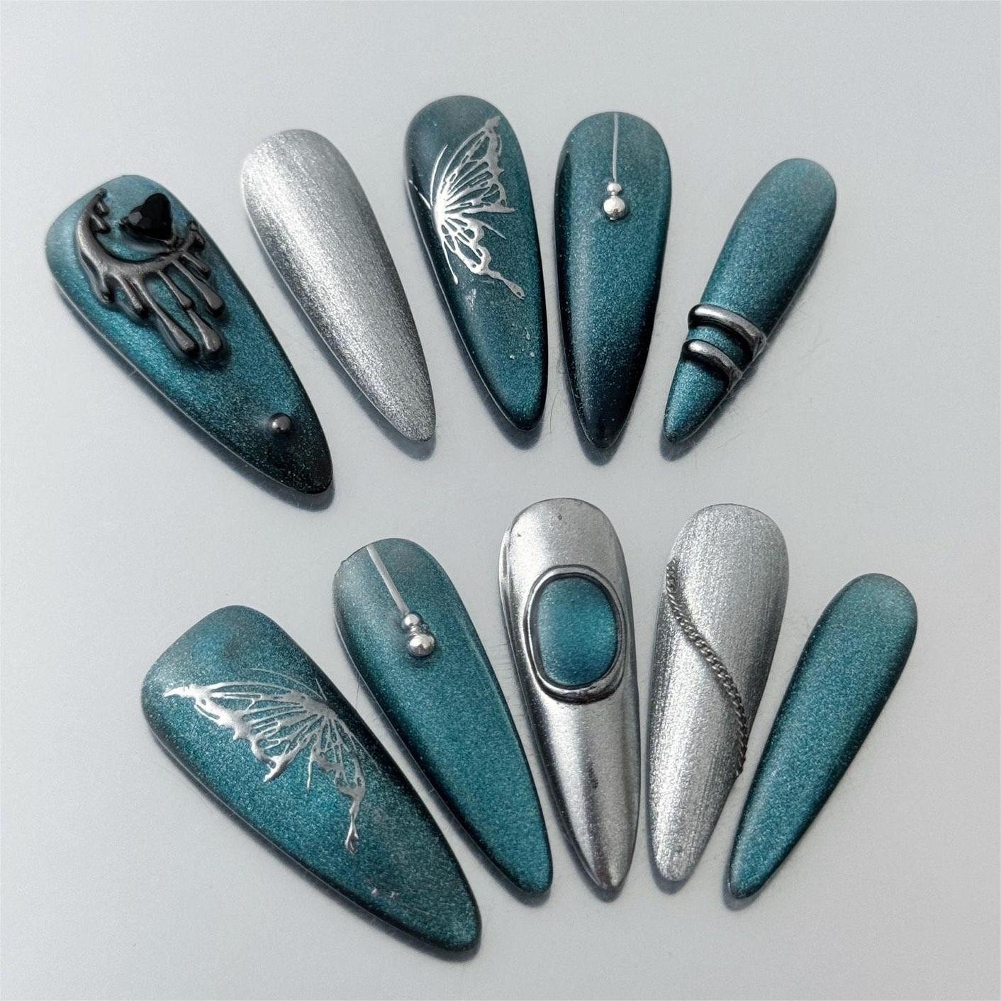 Siva Nail, Galaxy Glow, Metallic Butterfly, Handmade Press on Nails