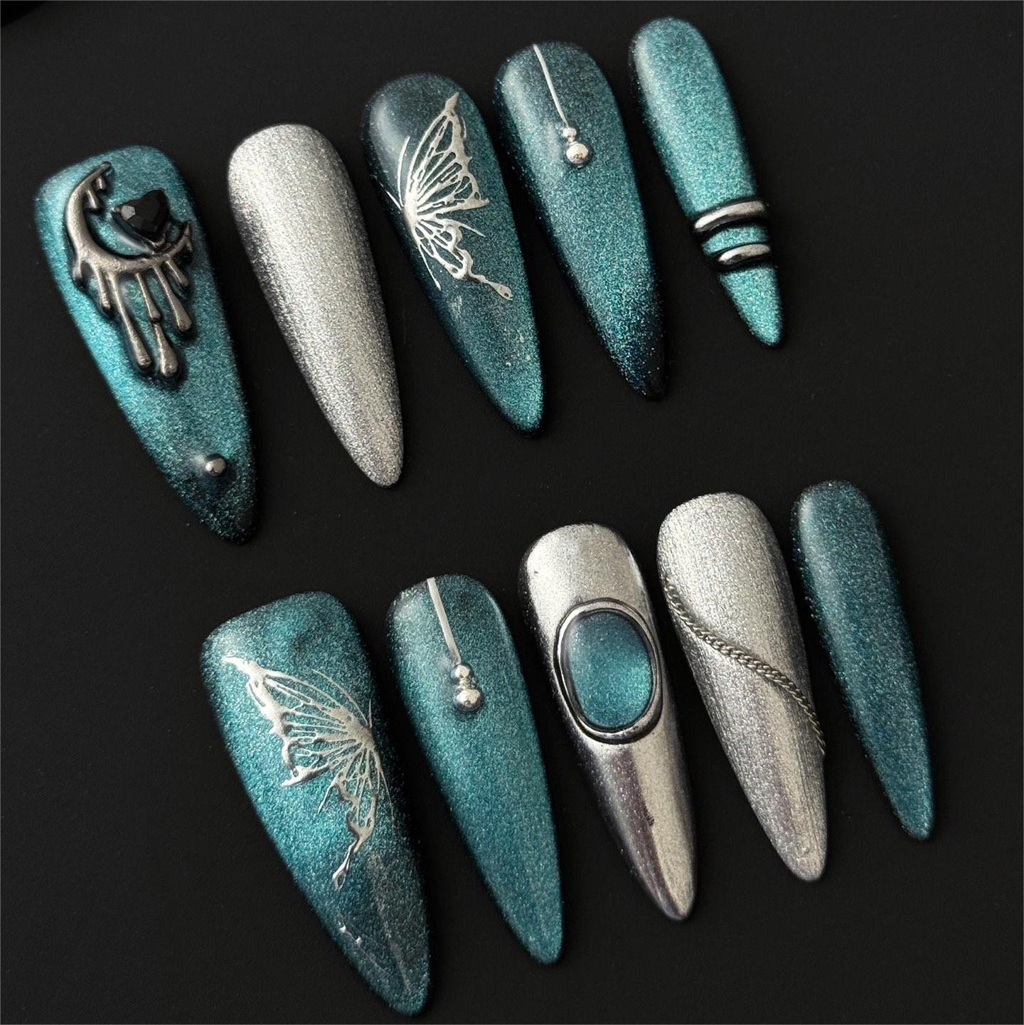 Siva Nail, Galaxy Glow, Metallic Butterfly, Handmade Press on Nails