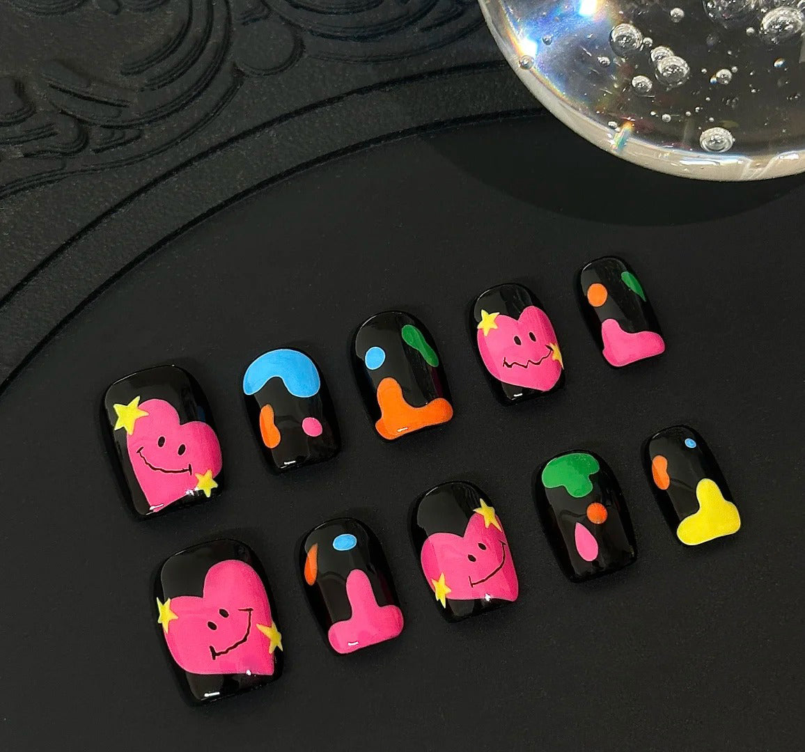 Siva Nail, Cosmic Hearts, Black Gloss Funky Drip Handmade Press on Nails