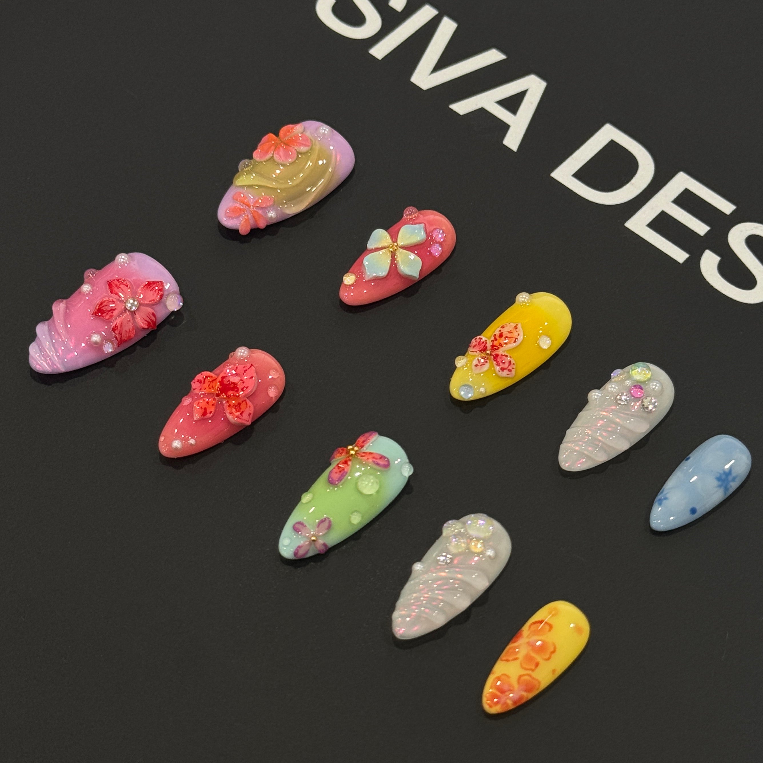 Siva Nail, Petals Enchant, Colorful Bloom, Handmade Press on Nails
