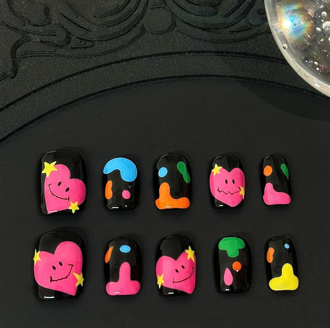 Siva Nail, Cosmic Hearts, Black Gloss Funky Drip Handmade Press on Nails