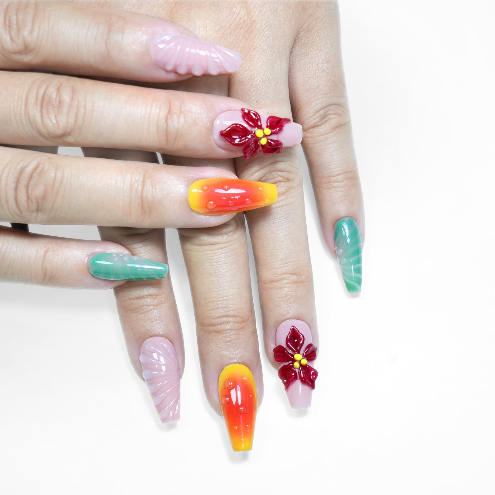 Siva Nail, Tropical Splash, Artistic Summer, Handmade Coffin Press On Nails