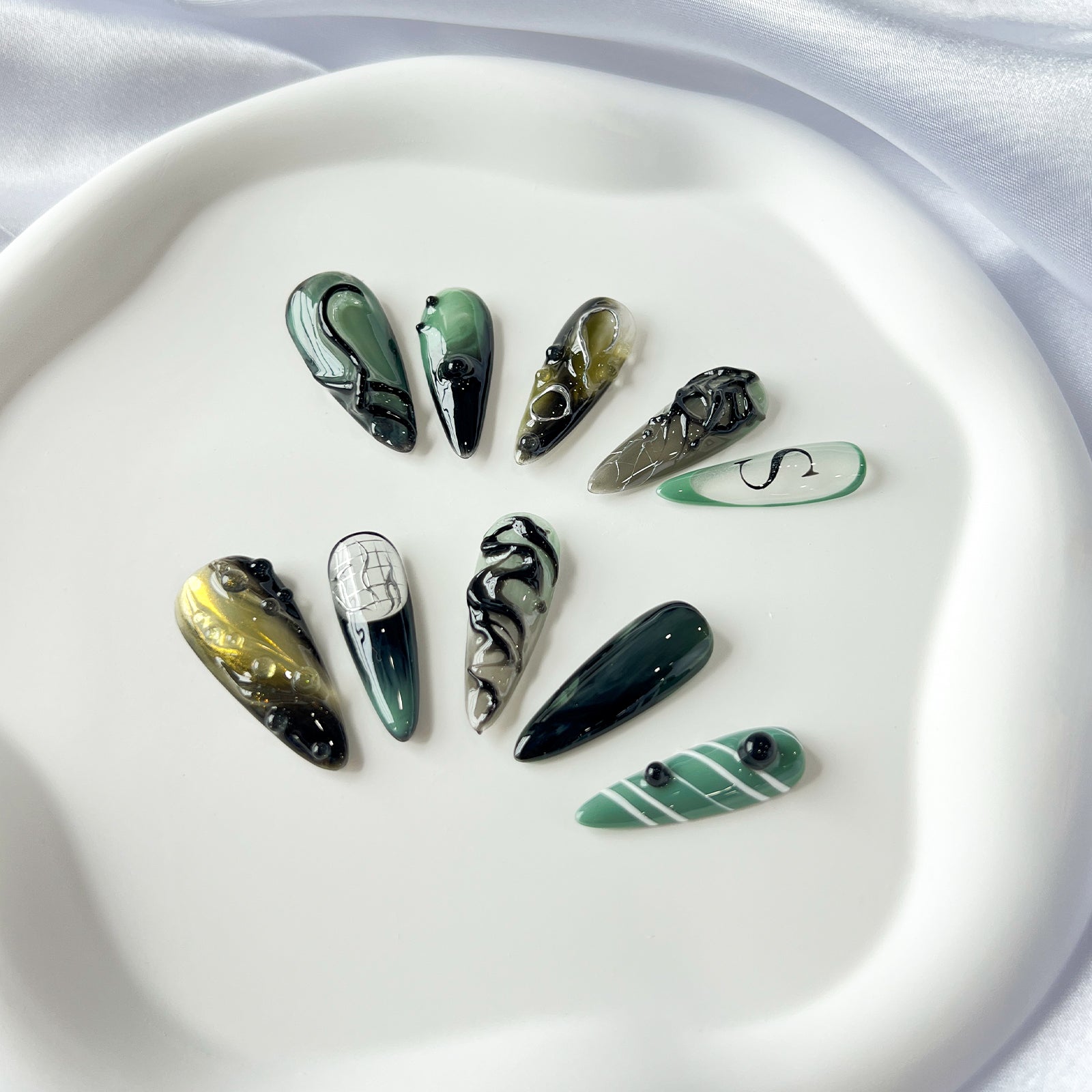 Siva Nail, Deep Current, Abstract Ocean-Inspired, Handmade Press on Nails