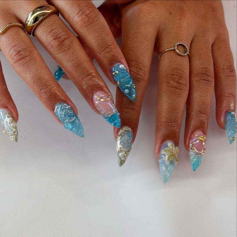 Siva Nail,Ocean Starfish 3D Coffin Handmade Press on Nails