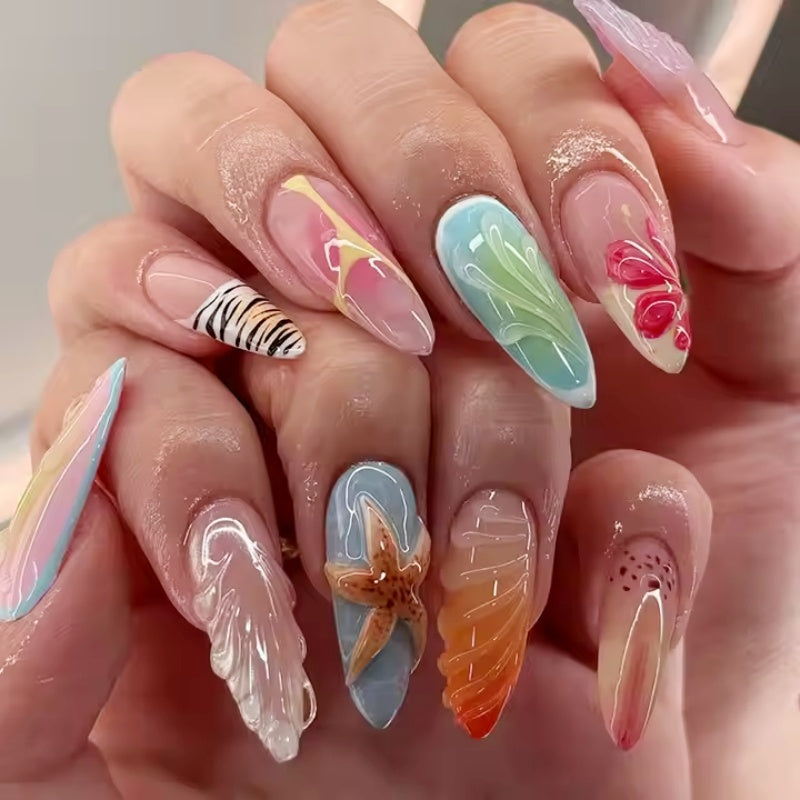 Siva Nail Ocean Flow,3D Beach-Inspired Art & Gradient Handmade Press On Nails