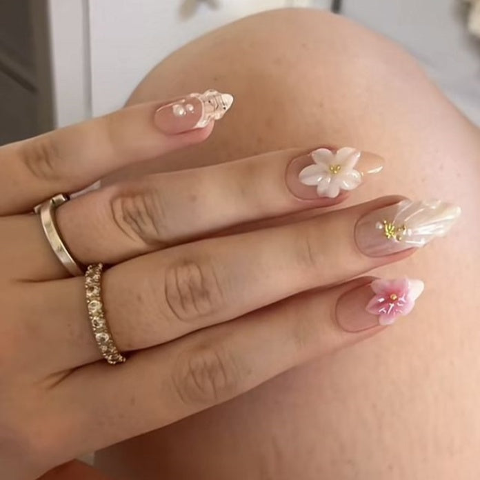 Siva Nail,Pearl Petal Elegance – 3D Floral Champagne Nude Press‑On Nails