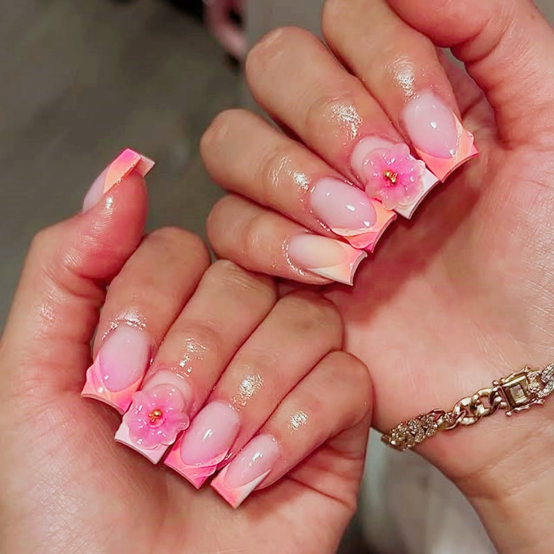 Pink Blossom 3D Flower Coffin Handmade Press-On Nails | Siva Nail-1