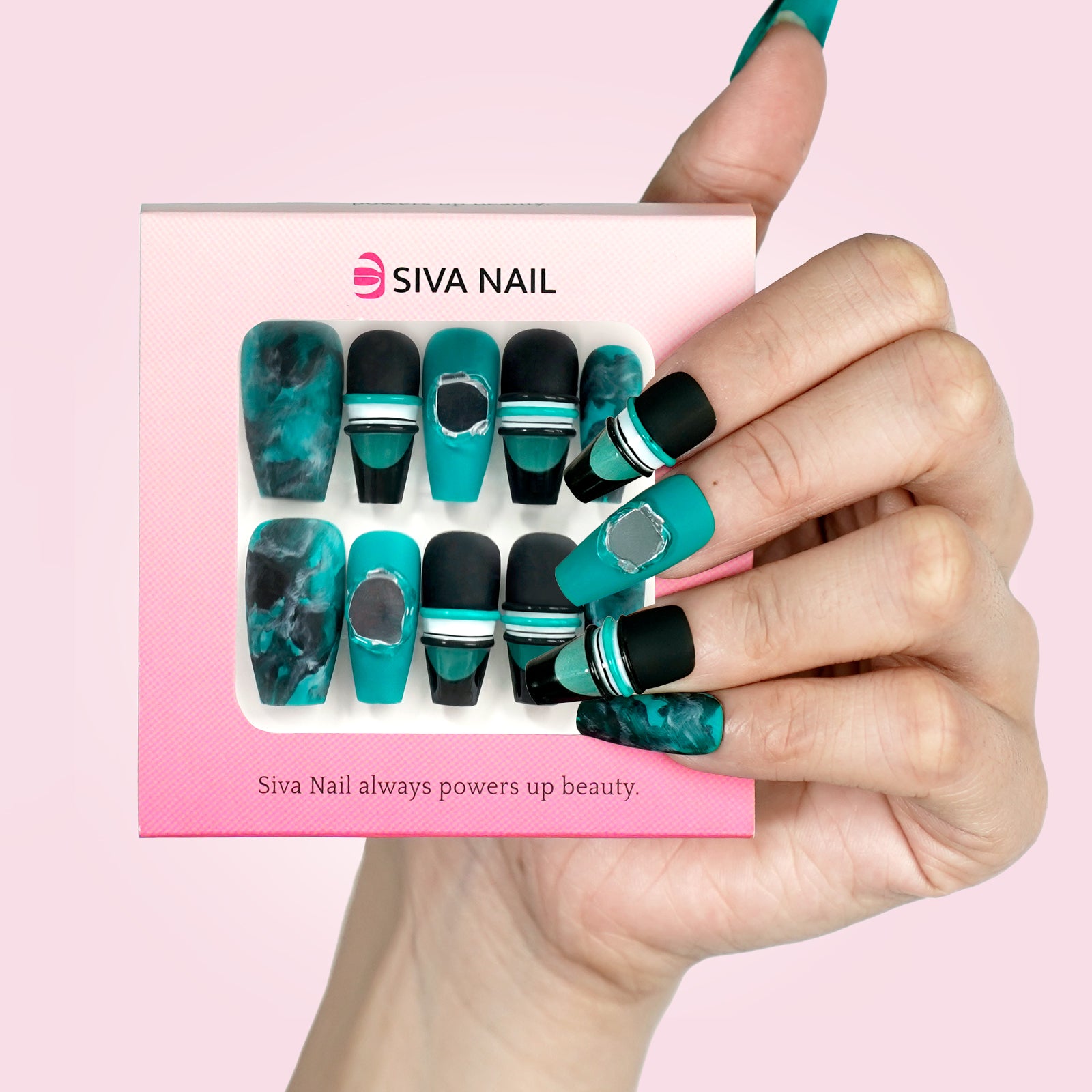 Siva Nail, Tidal Whispers, Luxurious Marbled Emerald Green Handmade Press on Nails