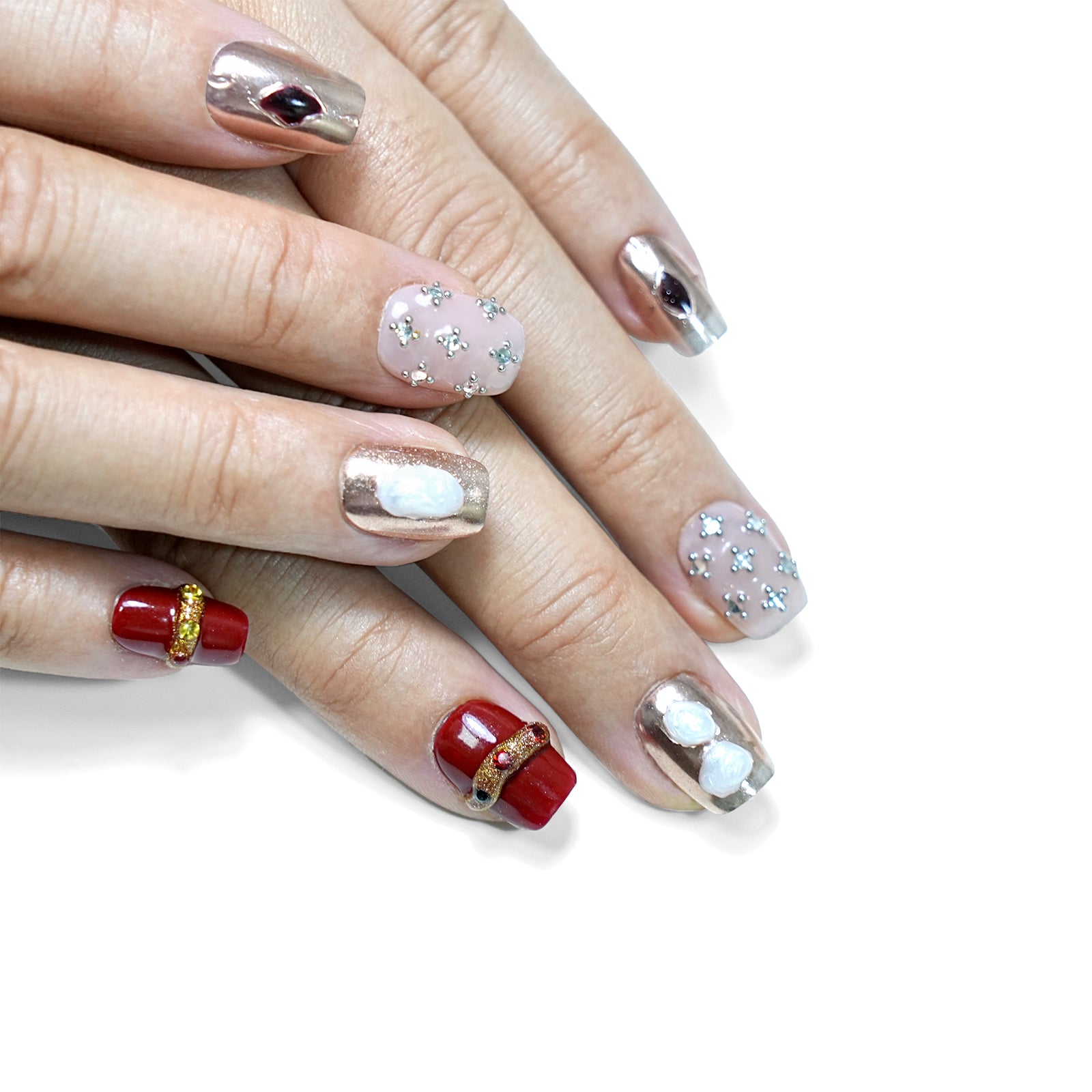 Siva Nail, Retro Radiance, Pearl Embellished, Handmade Press on Nails
