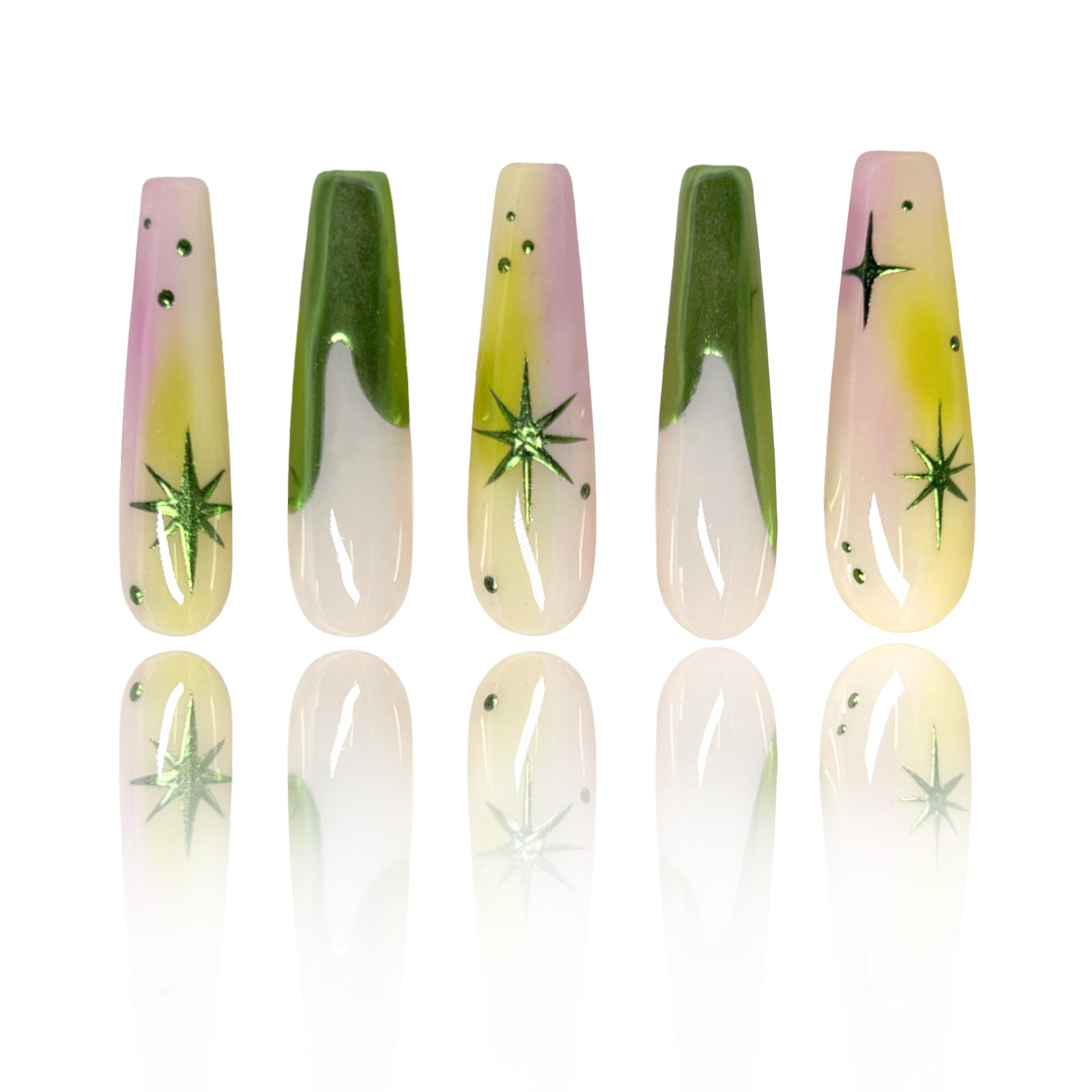 Siva Nail, Verdant Whimsy, Ombre Artistic Green and Purple, Handmade Press on Nails