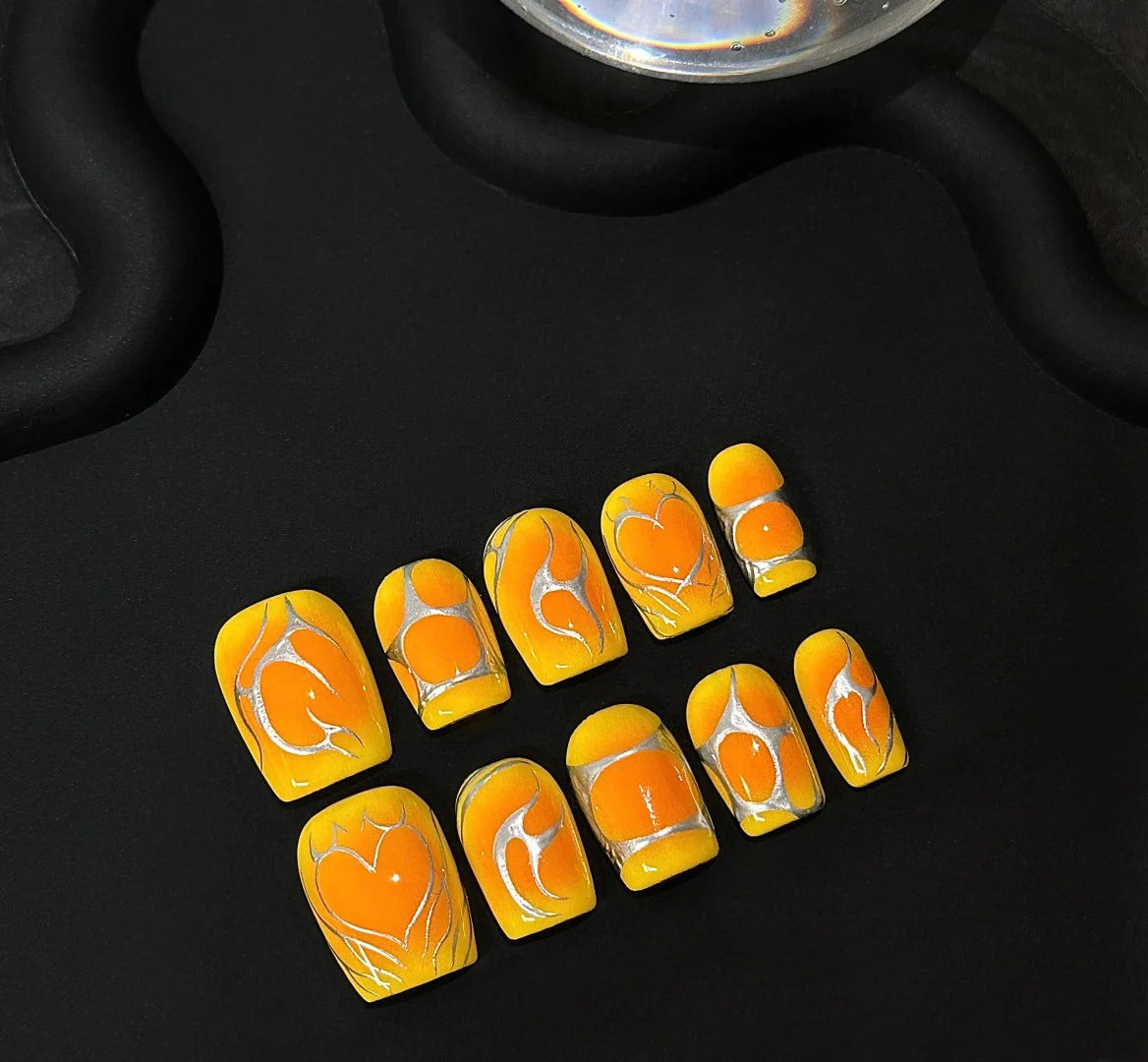Siva Nail, Solar Flame, Yellow Chrome Heart Handmade Press on Nails