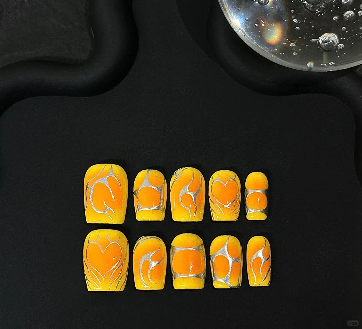Siva Nail, Solar Flame, Yellow Chrome Heart Handmade Press on Nails