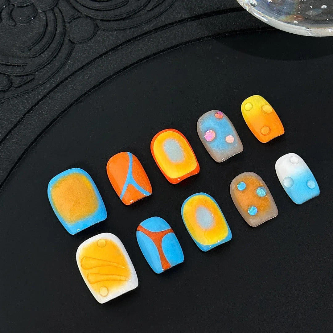 Siva Nail, Sunset Bubble, Orange Blue Gradient Handmade Press on Nails