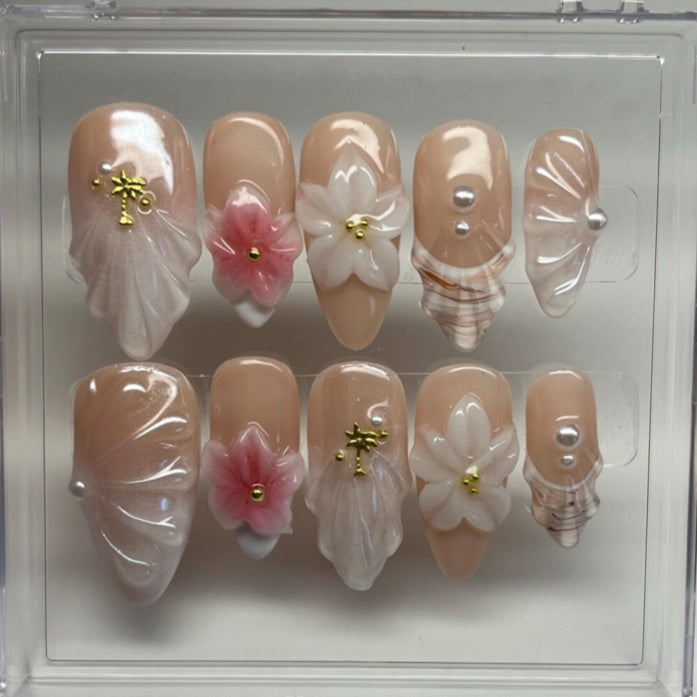 Siva Nail,Pearl Petal Elegance – 3D Floral Champagne Nude Press‑On Nails-1