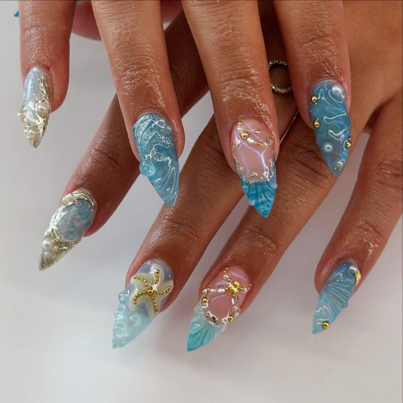 Siva Nail,Ocean Starfish 3D Coffin Handmade Press on Nails
