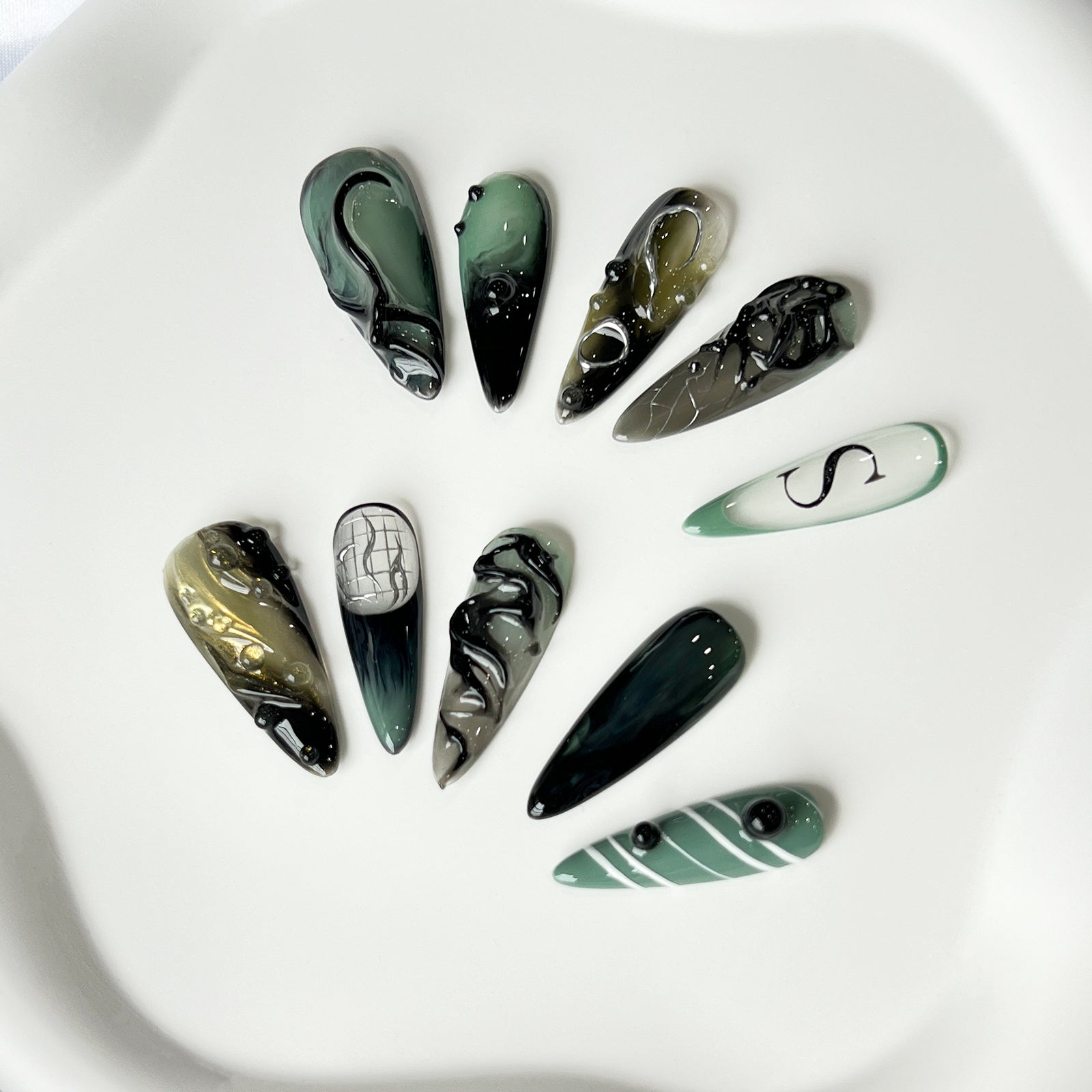 Siva Nail, Deep Current, Abstract Ocean-Inspired, Handmade Press on Nails