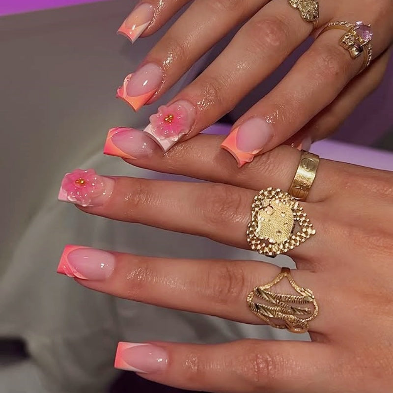 Pink Blossom 3D Flower Coffin Handmade Press-On Nails | Siva Nail-1