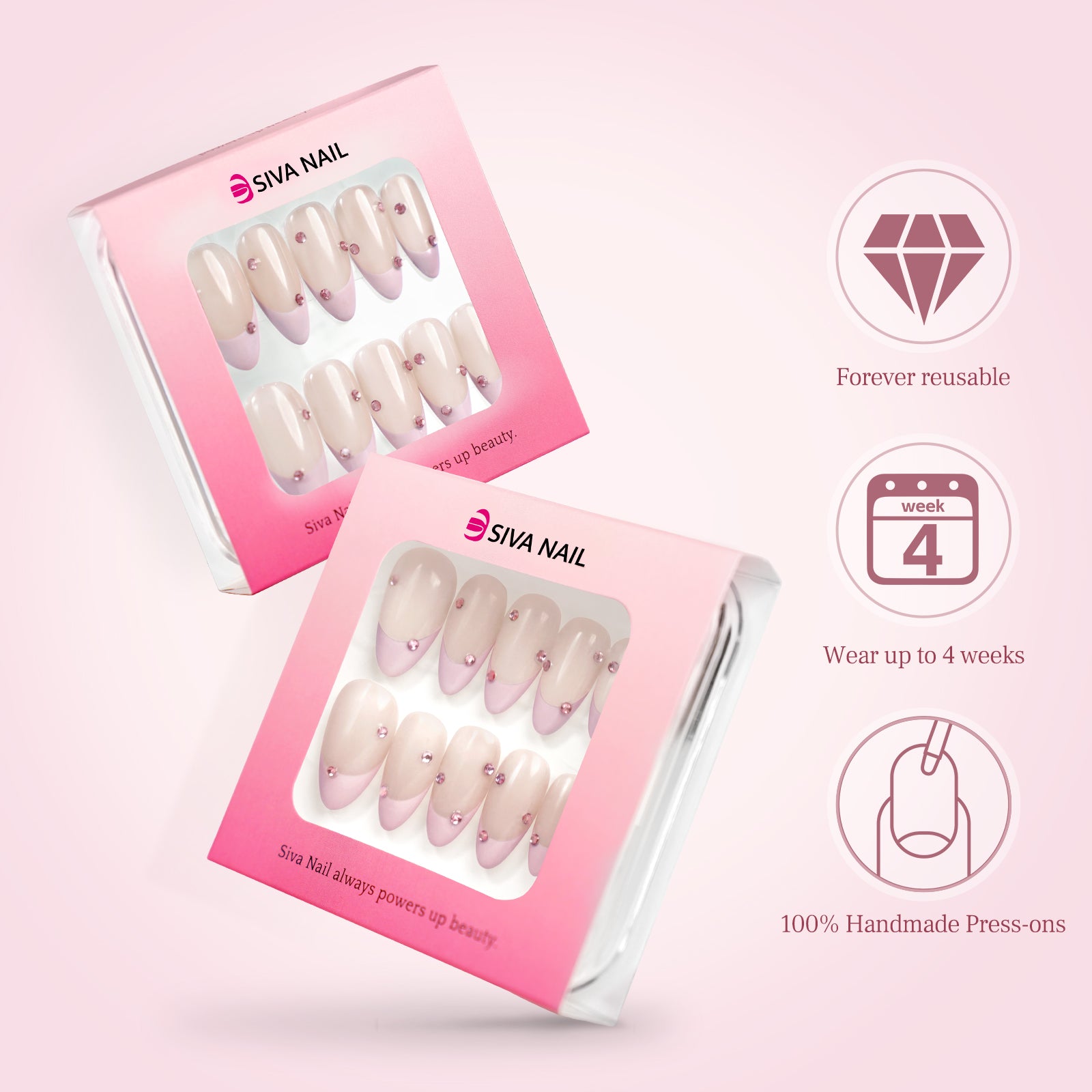 Siva Nail, Crystal Sands, Simple Pink Classic French, Handmade Press on Nails