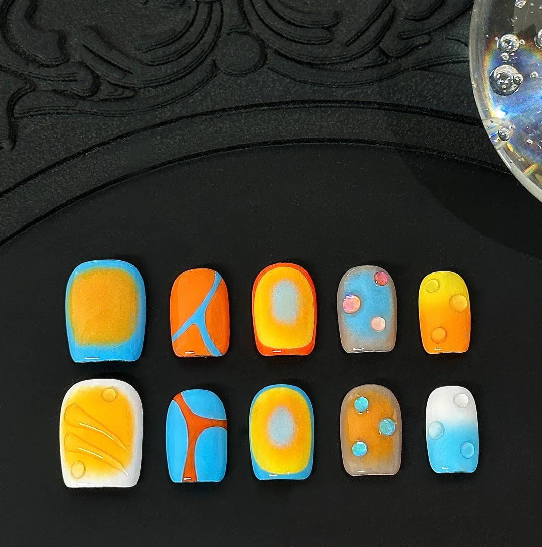 Siva Nail, Sunset Bubble, Orange Blue Gradient Handmade Press on Nails