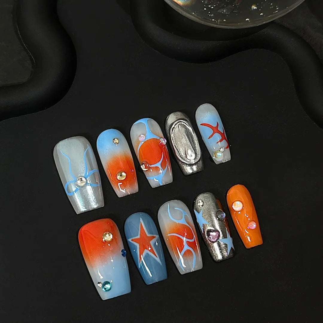 Siva Nail, Solar Drift, Orange-Blue Chrome Handmade Press on Nails