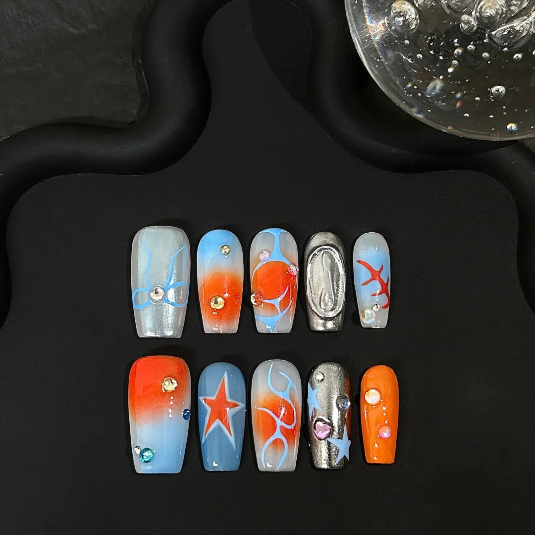 Siva Nail, Solar Drift, Orange-Blue Chrome Handmade Press on Nails