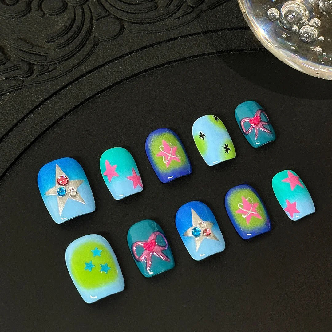 Siva Nail, Star Pop, Teal Gradient Handmade Press on Nails