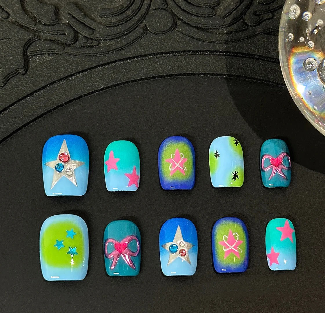 Siva Nail, Star Pop, Teal Gradient Handmade Press on Nails