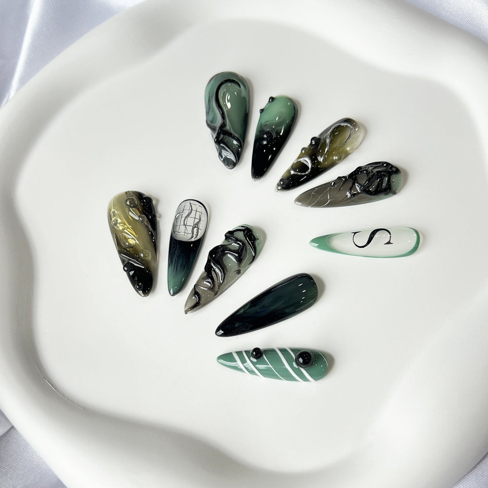 Siva Nail, Deep Current, Abstract Ocean-Inspired, Handmade Press on Nails