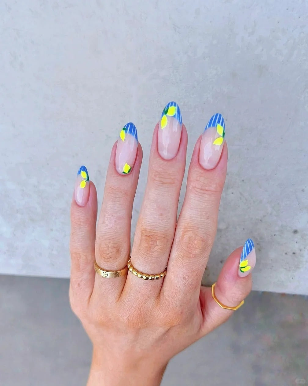 Siva Nail, Citrus Bloom, Blue Stripe Handmade Press on Nails