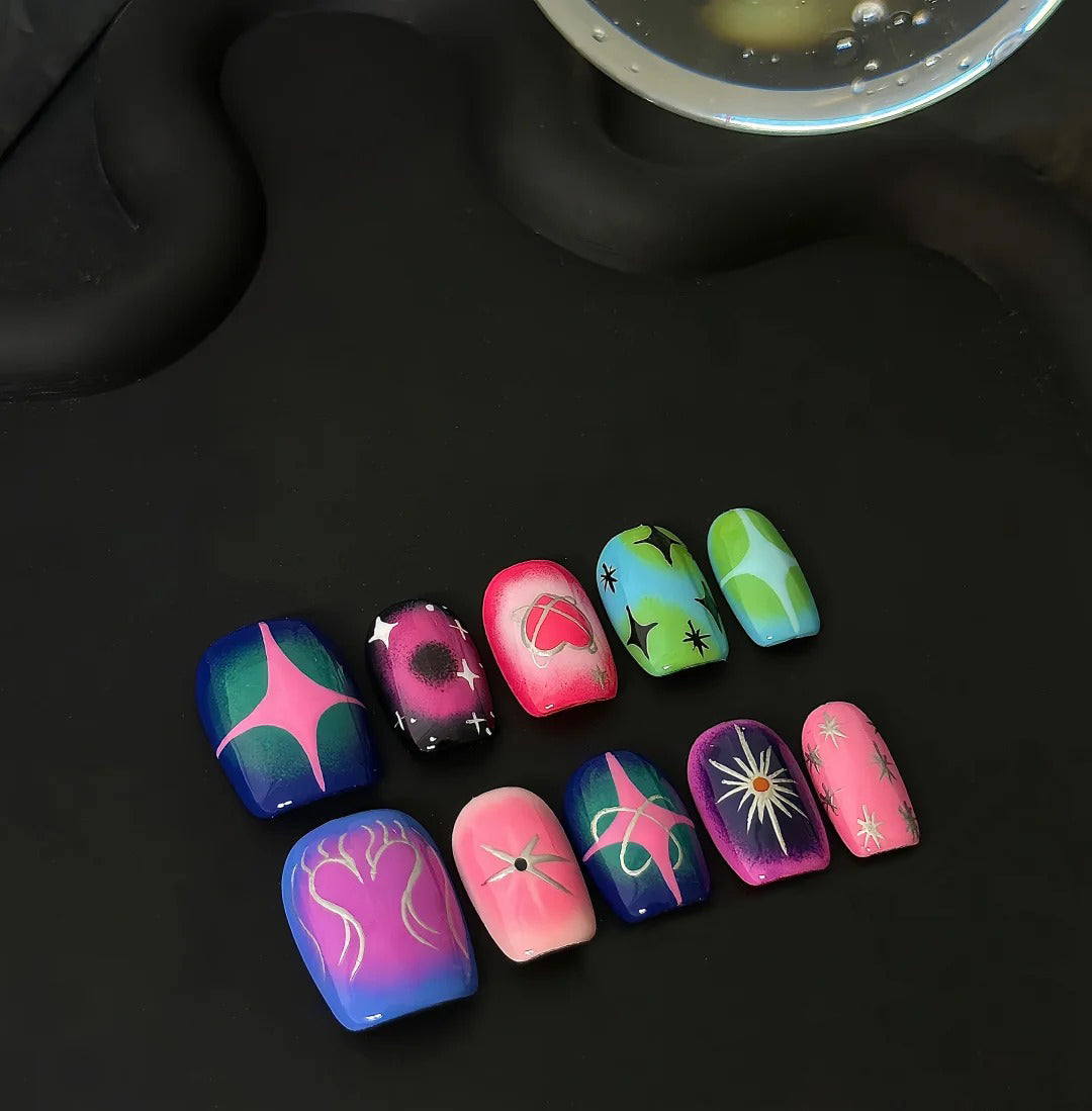 Siva Nail, Stellar Bloom, Neon Cosmic Handmade Press on Nails