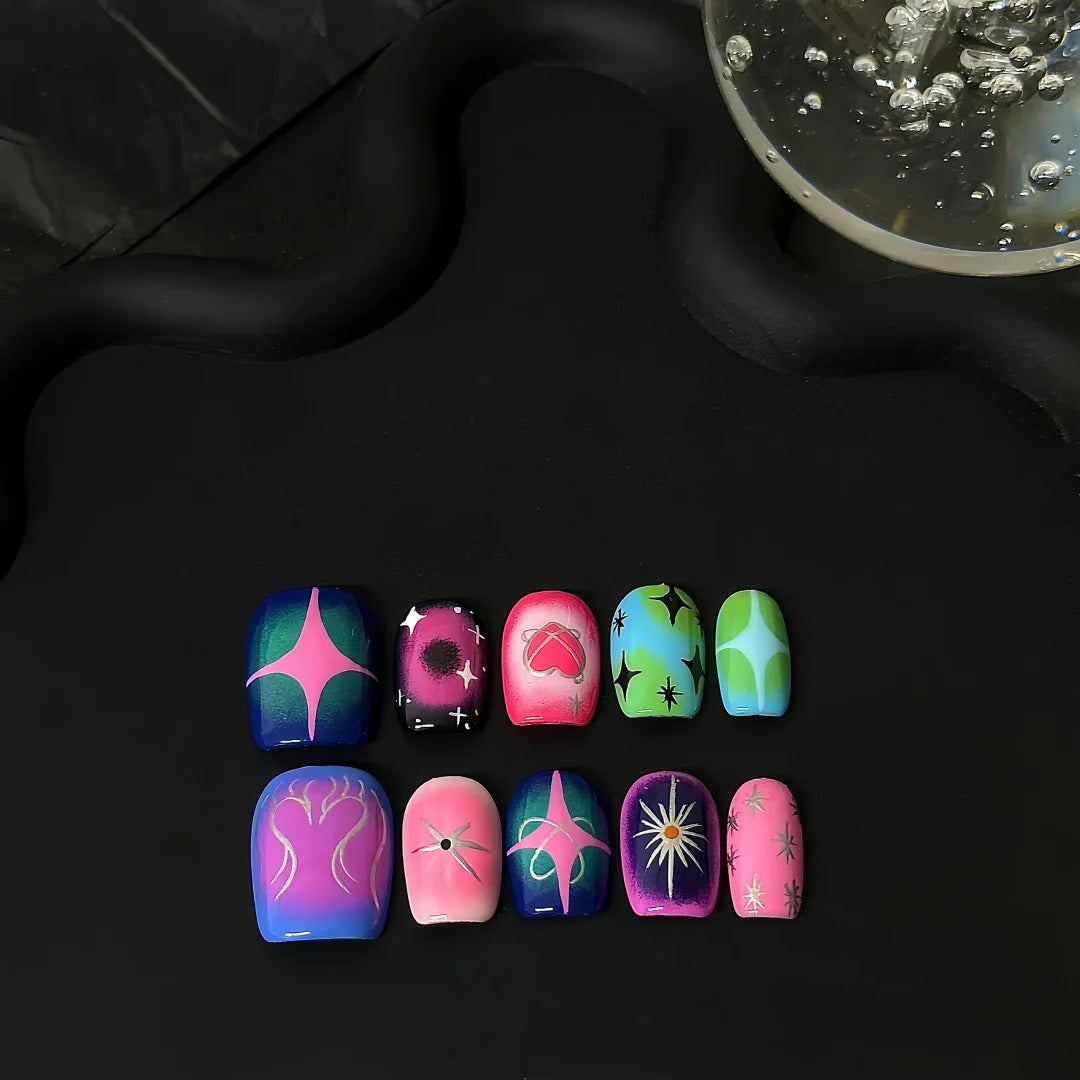 Siva Nail, Stellar Bloom, Neon Cosmic Handmade Press on Nails