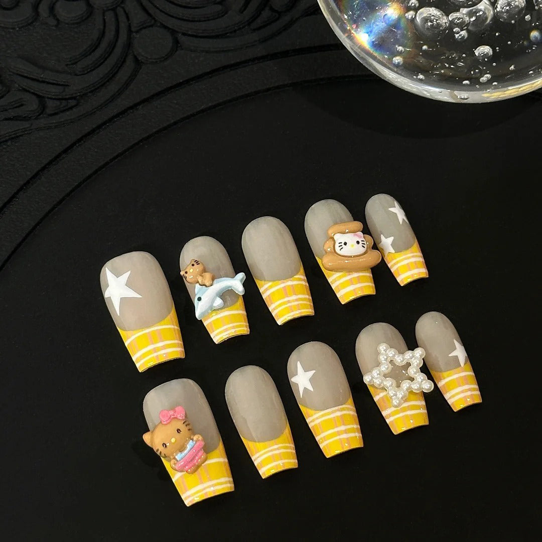 Siva Nail, Plaid Pals, Kawaii Charm Handmade Press on Nails
