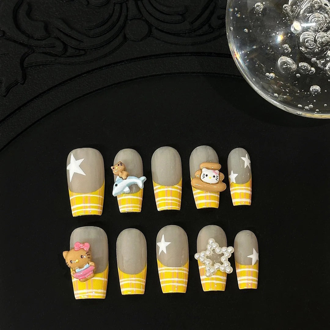 Siva Nail, Plaid Pals, Kawaii Charm Handmade Press on Nails