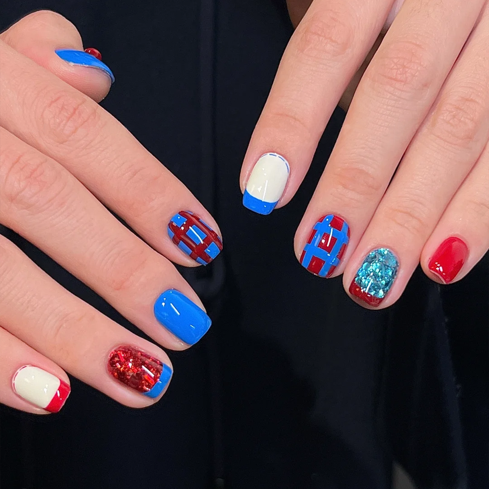 Siva Nail, Liberty Grid, Red Blue Handmade Press on Nails