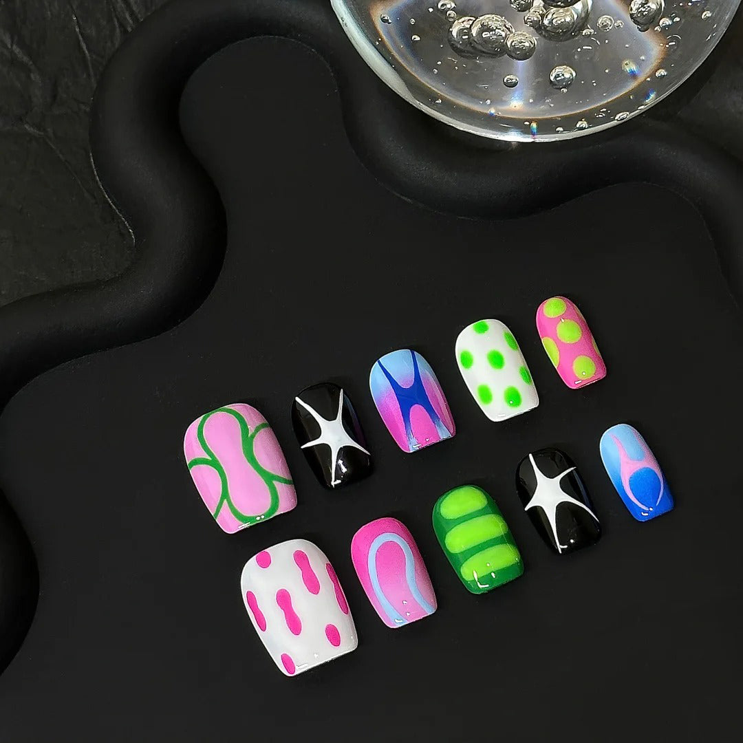 Siva Nail, Neon Flux, Abstract Pop Handmade Press on Nails