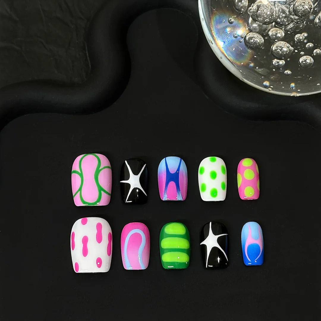 Siva Nail, Neon Flux, Abstract Pop Handmade Press on Nails