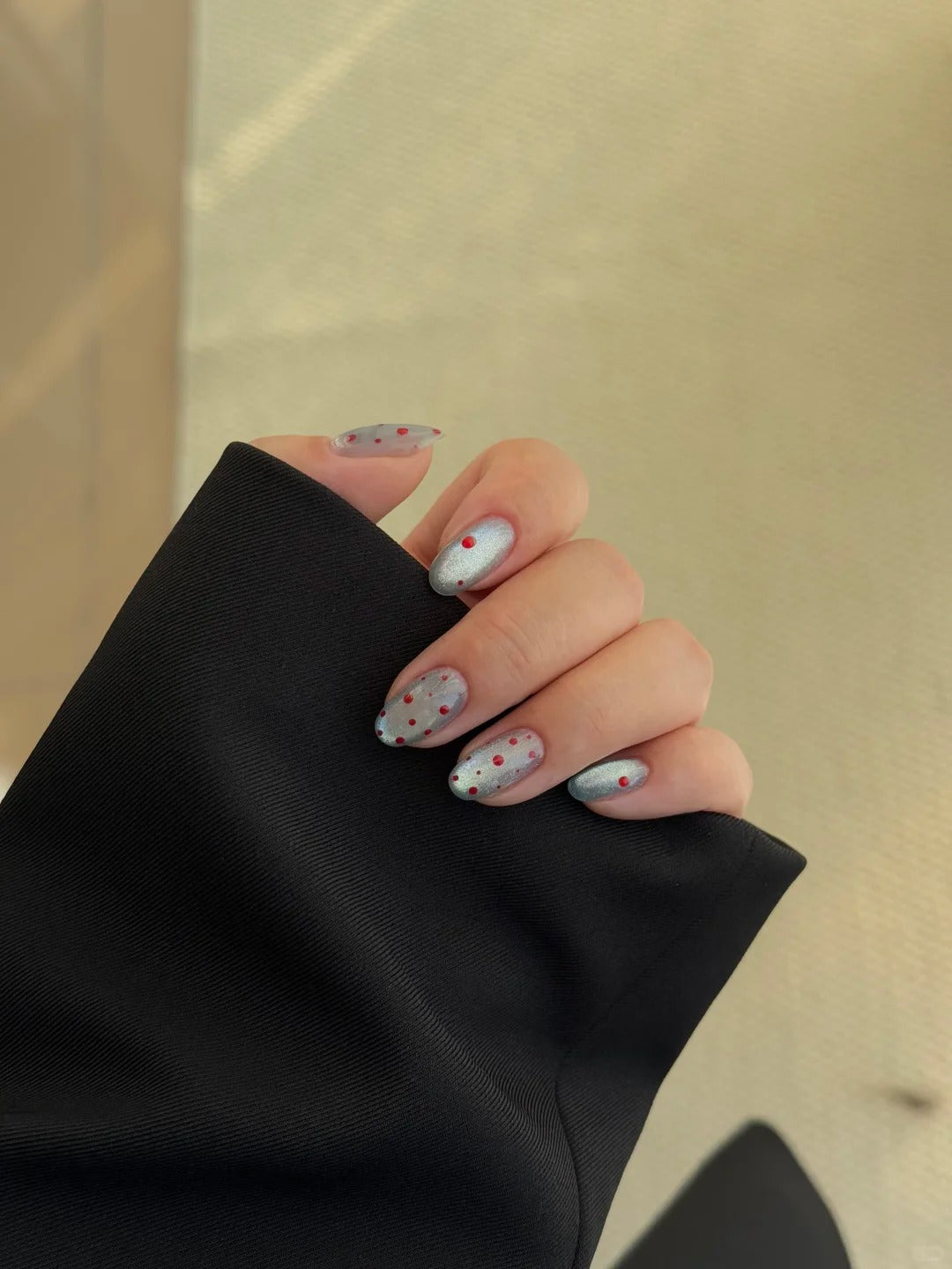Siva Nail, Silver Shimmer, Red Dotted Handmade Press on Nails
